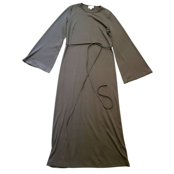 Veiled Dress Women's Medium Olive Green Bell Sleeve Tie Waist Maxi Ribbed Modest - Picture 1 of 5